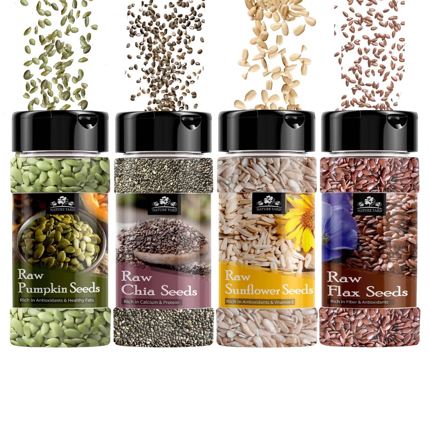 NATURE YARD Raw Seeds Combo - 550gm (Raw Pumpkin, Chia Sunflower & Flax Seeds) Sprinkler Jar/Protein and Fiber Rich Superfood Seeds (Pack of 4) (B0D5M9NYJ1) Amazon Price History, Amazon Price Tracker