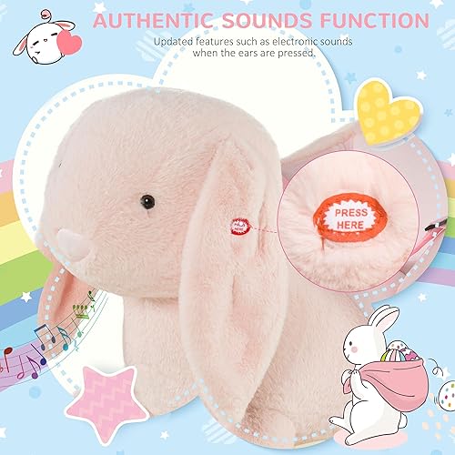 Miniatura 6 de Qaba Caballo mecedor para bebé, conejo de peluche con sonido simulado, base de madera, cinturón de seguridad, mecedora de relleno para niños de 18 a