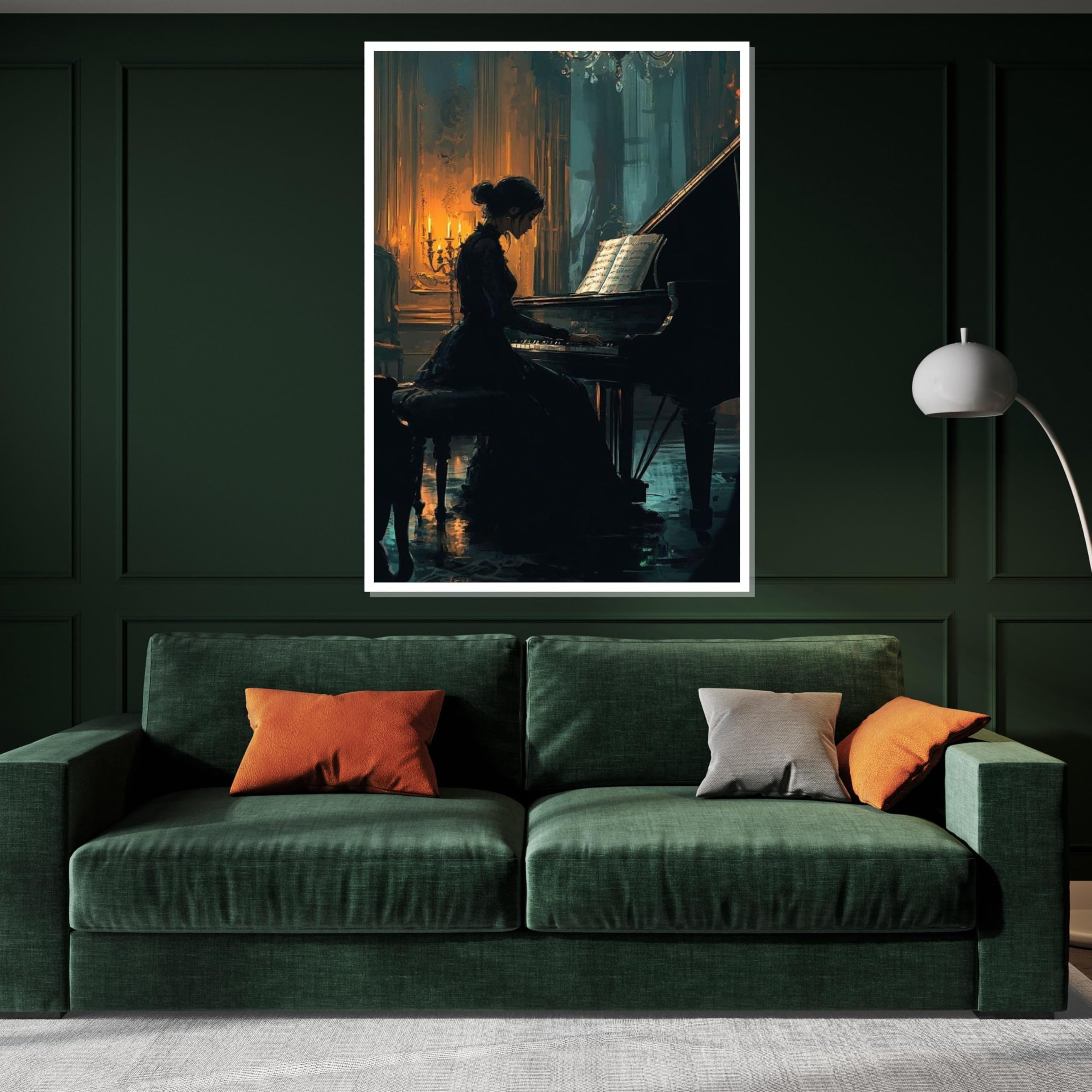 Elegante tela con pianista, dipinto d'arte di musica classica, decorazione con silhouette di pianoforte a coda, design di tela artistica da parete, quadri da parete (80x110 cm/cornice interna)