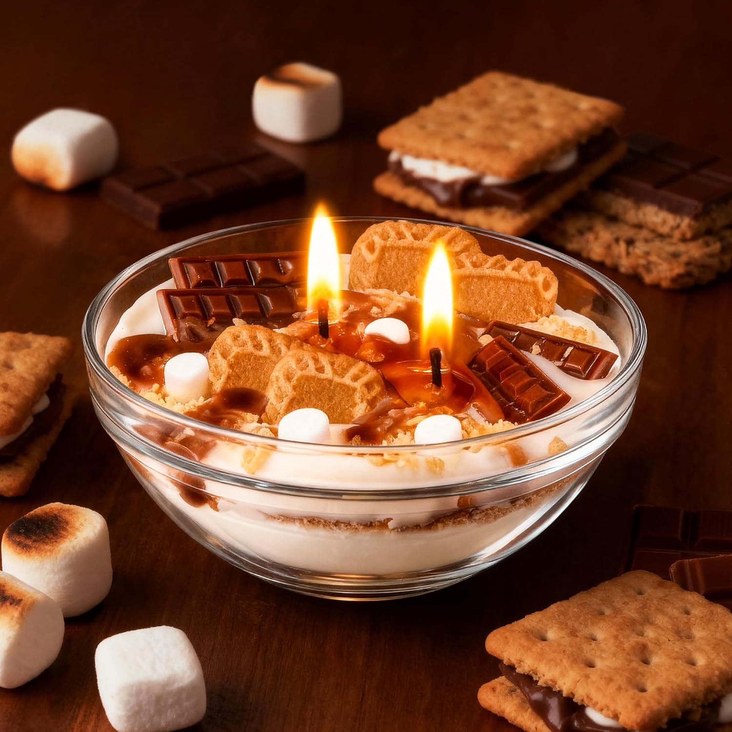 S'mores Candle Bowl, 2 Wicks Realistic Cereal Food Candles with Graham Crackers, Chocolate, and Marshmallows for Best Burn, Ideal for Christmas, Thanksgiving Day, Camping, Movie Night Supplies