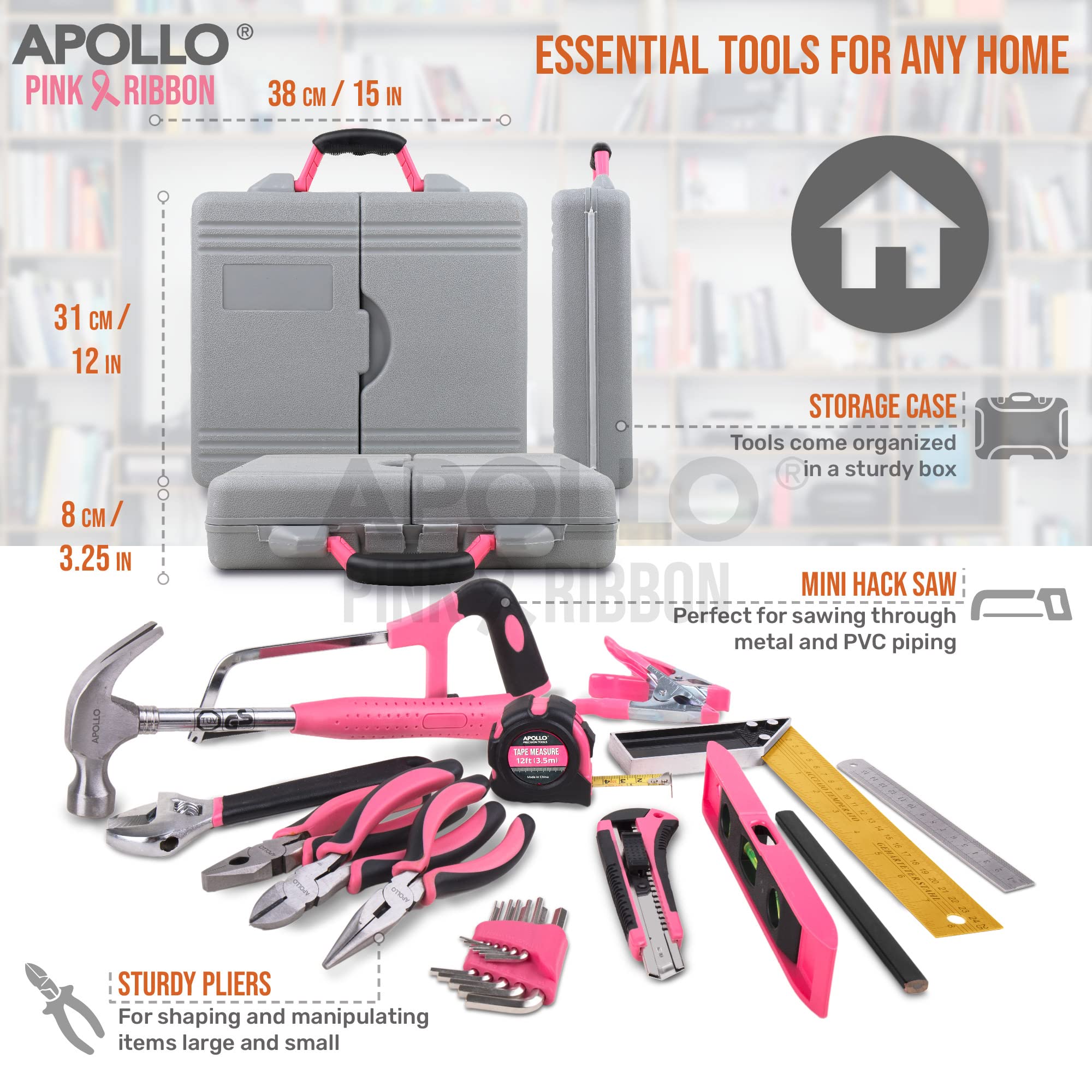 Apollo Kit di attrezzi rosa per la casa da 71 pezzi. Utensili manuali più comuni per riparazioni domestiche - Cacciaviti, Martello, Chiave, Pinze & altro in una Custodia
