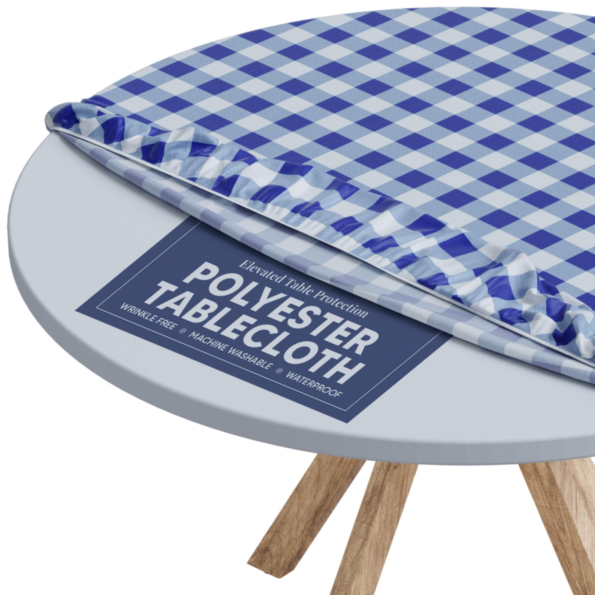 Round Tablecloth of Polyester -Fitted with Elastic, Water Proof, Washable, Fits for Table 30 Inches Round, Checked Blue Design, for Indoor/Outdoor