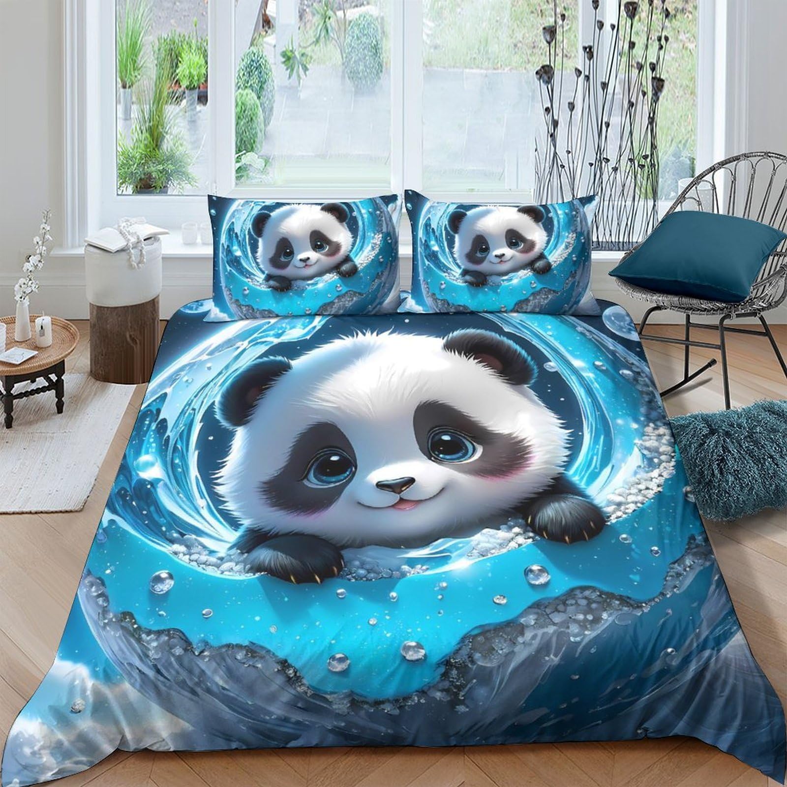 Ctjqhvkz Style-6 3D Printed Cute Panda Fitted Sheet Microfiber Soft Breathable Blue Water Waves Bed Cover For Bedroom Dorm Mattress Decor Single（135X200cm）