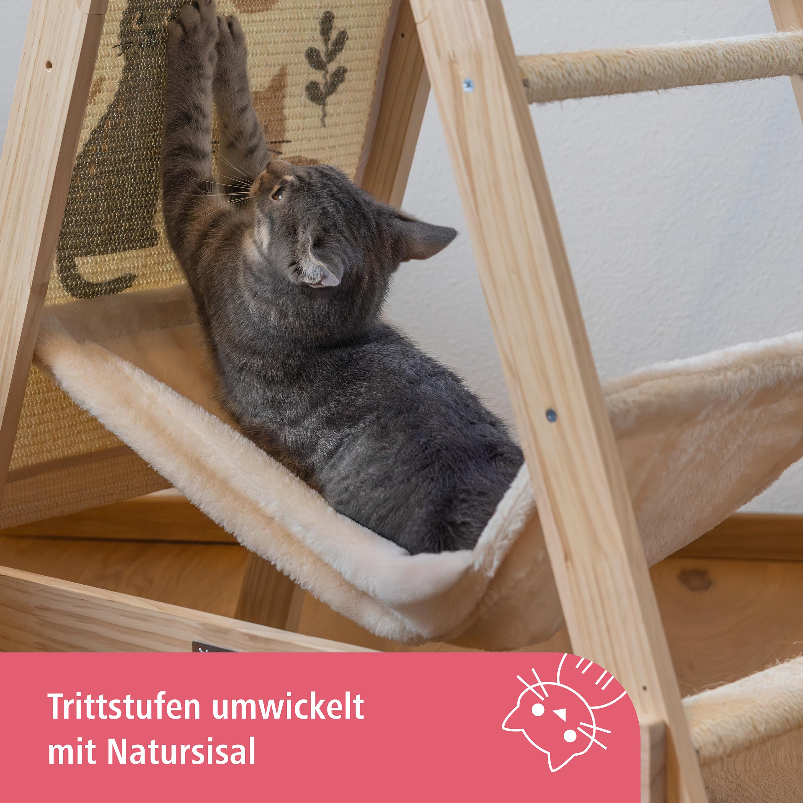 Kerbl Pet Torre da arrampicata Ladder, tiragraffi per gatti, legno massiccio, morbido peluche, beige, altezza 104 cm, due superfici di appoggio, con amaca, superficie in sisal