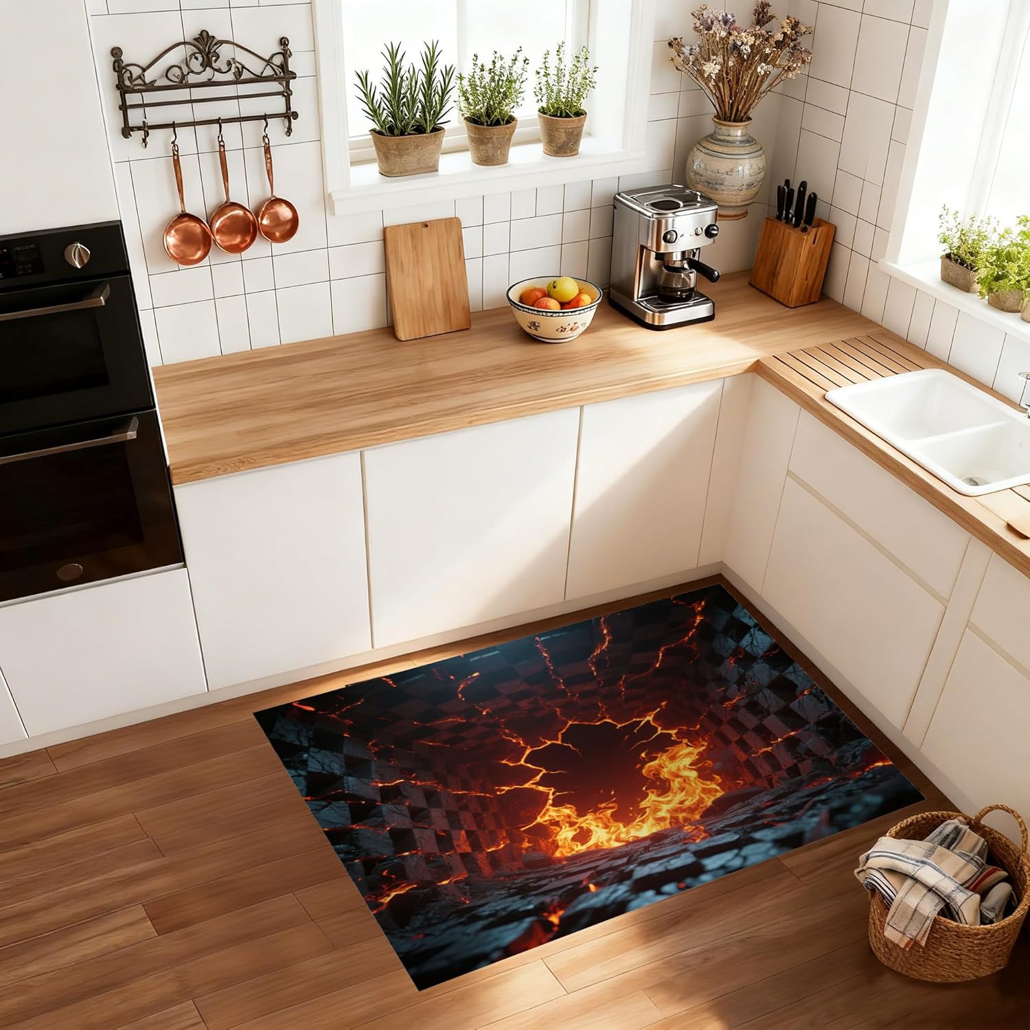 Lava 3D Illusion Rug 2'x3' for Kitchen Bathroom Entryway Non-Slip Man Cave Area Rug 3D Realistic Rock Cave Doormat Realistic Flames & Cracked Rock Floor Mat Visual Deep Pit Home Decor Rugs