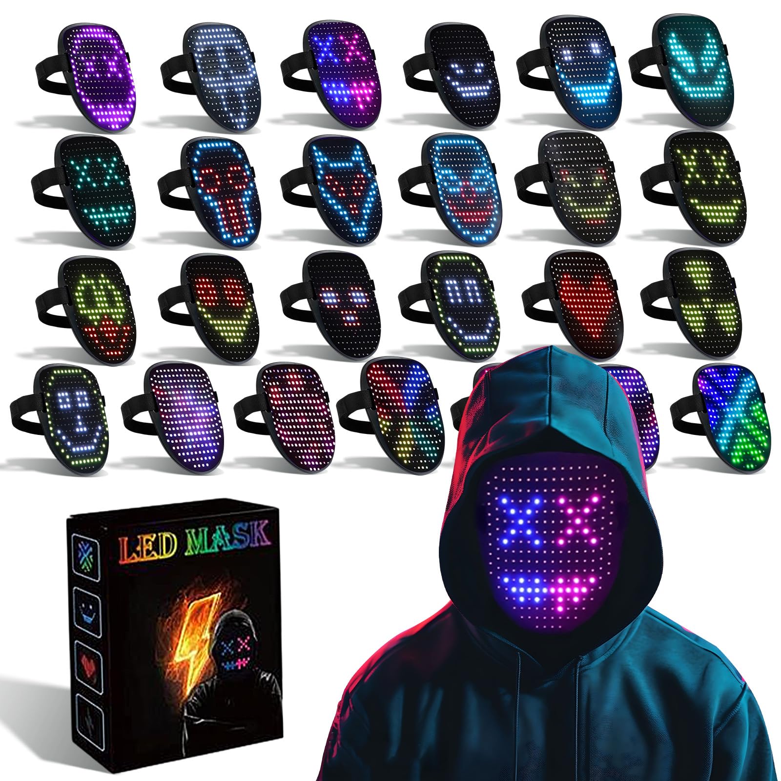 Maschera di Halloween a led, maschera luminosa con 25 modelli statici + 25 dinamici con rilevamento dei gesti Maschera spaventosa per Halloween, Cosplay, Masquerade