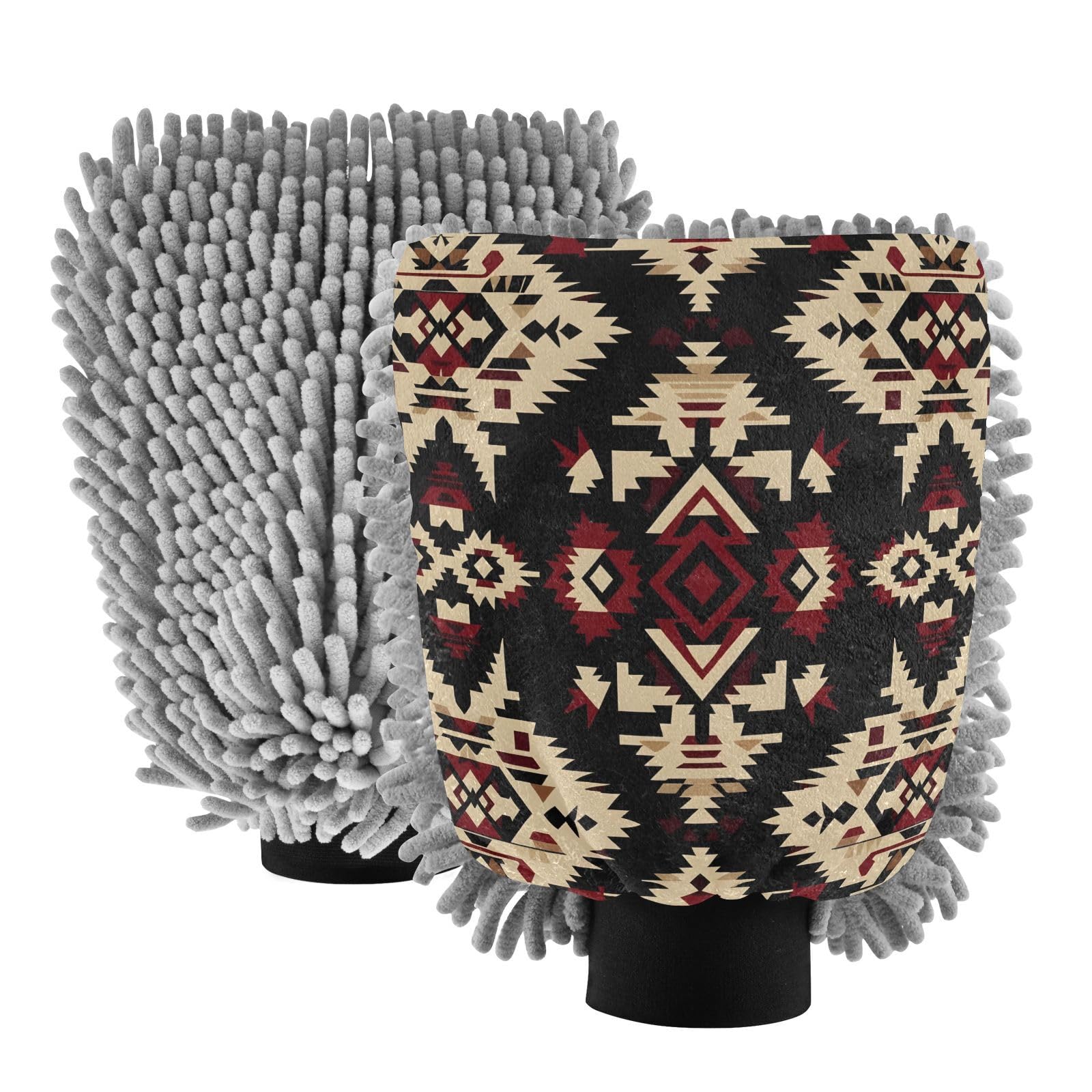 Flradish 2 Pack Traditional Tribal Texture Car Wash Mitt Chenille Microfiber Lint-Free Scratch Free Ultra-Soft Absorbent Car Wash Mitt 11.8x8.07 Inch
