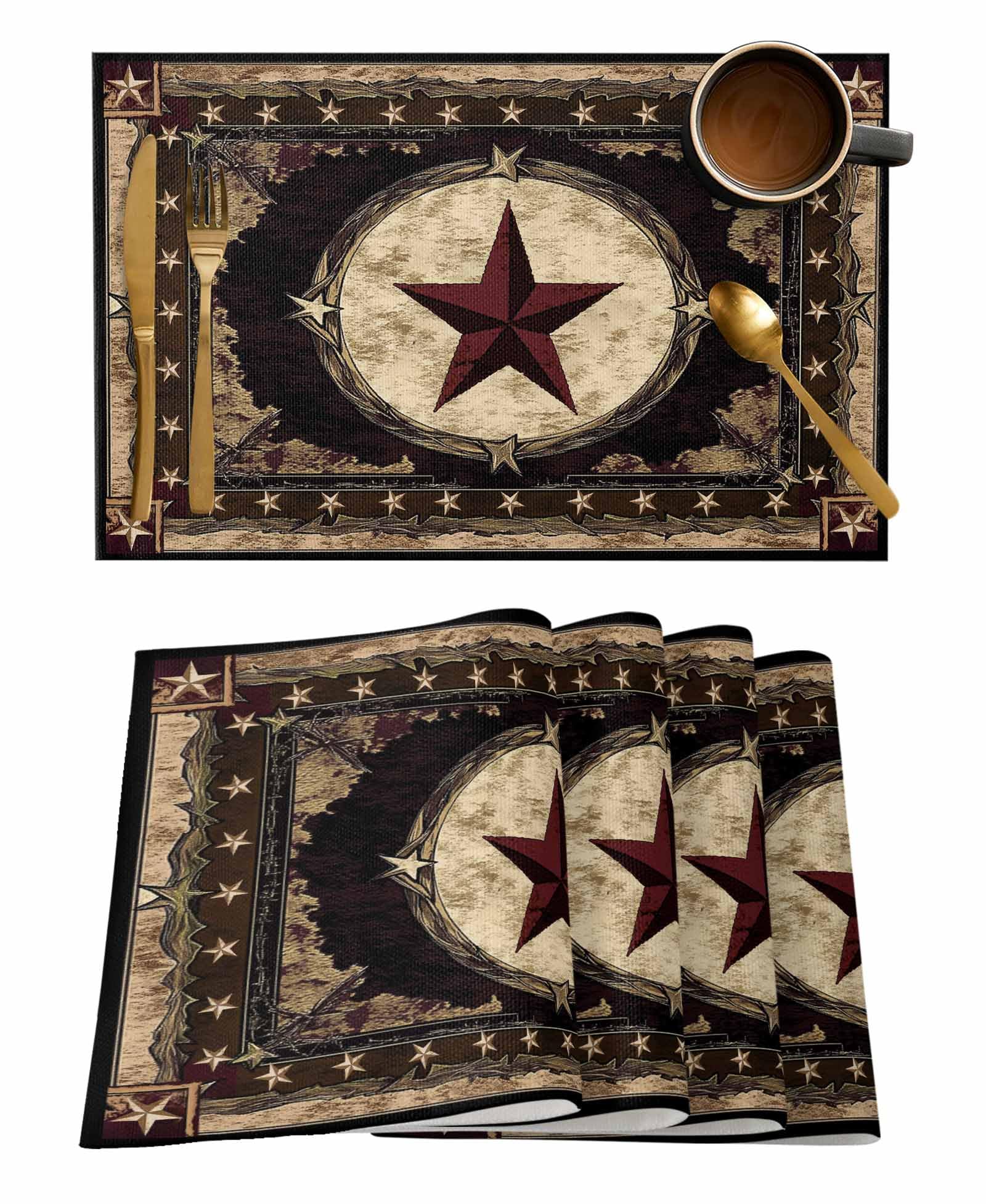 MACONAA Western Texas Star Placemats for Dining Table Set of 6, Rustic Vintage Place Mats for Kitchen/Dining, Non Slip, Durable, Washable Table Mats 13''x19'' Table Decor, Brown