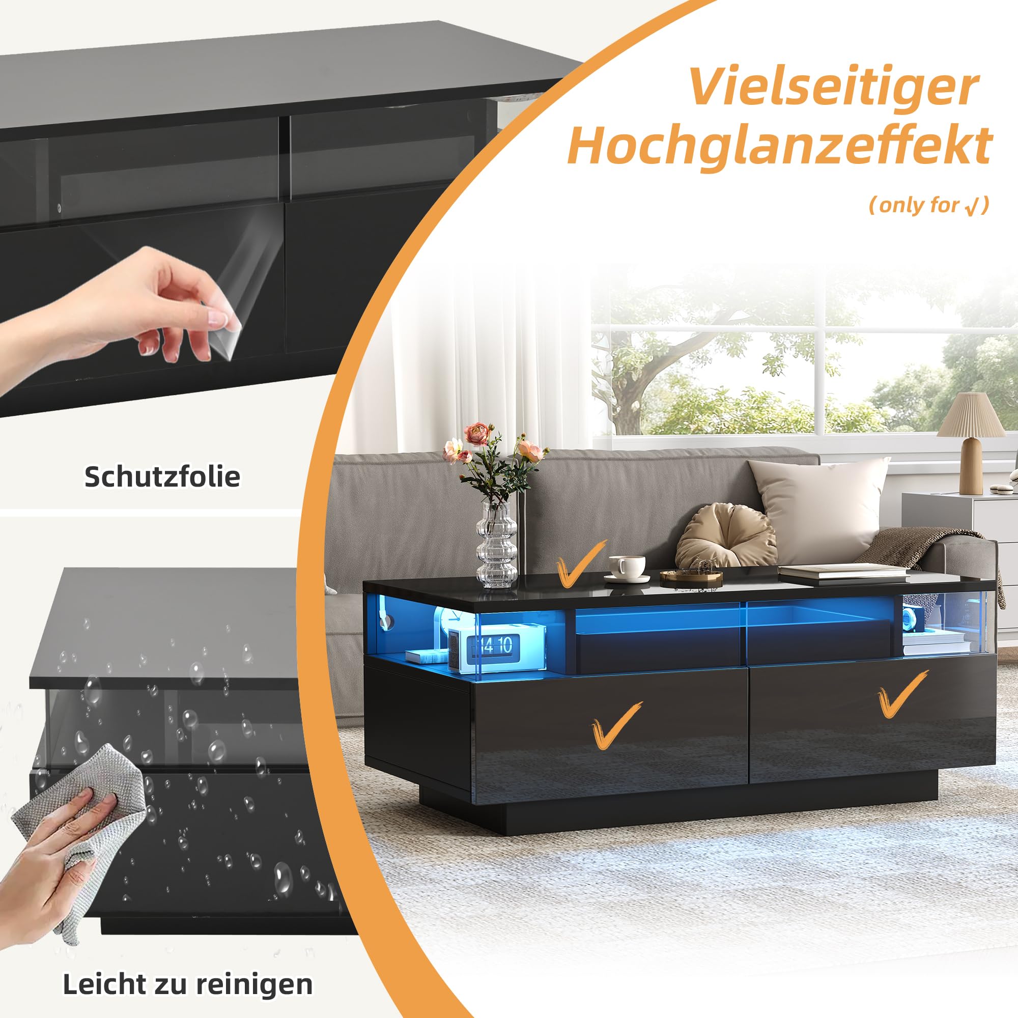 BTM Speicher-Couchtisch mit LED Licht und 2 Schubladen 90x45x35.5 cm Couchtisch fürs Wohnzimmer Hochglanz Sofatisch mit Tablett und gehärtetem Glas Schwarz