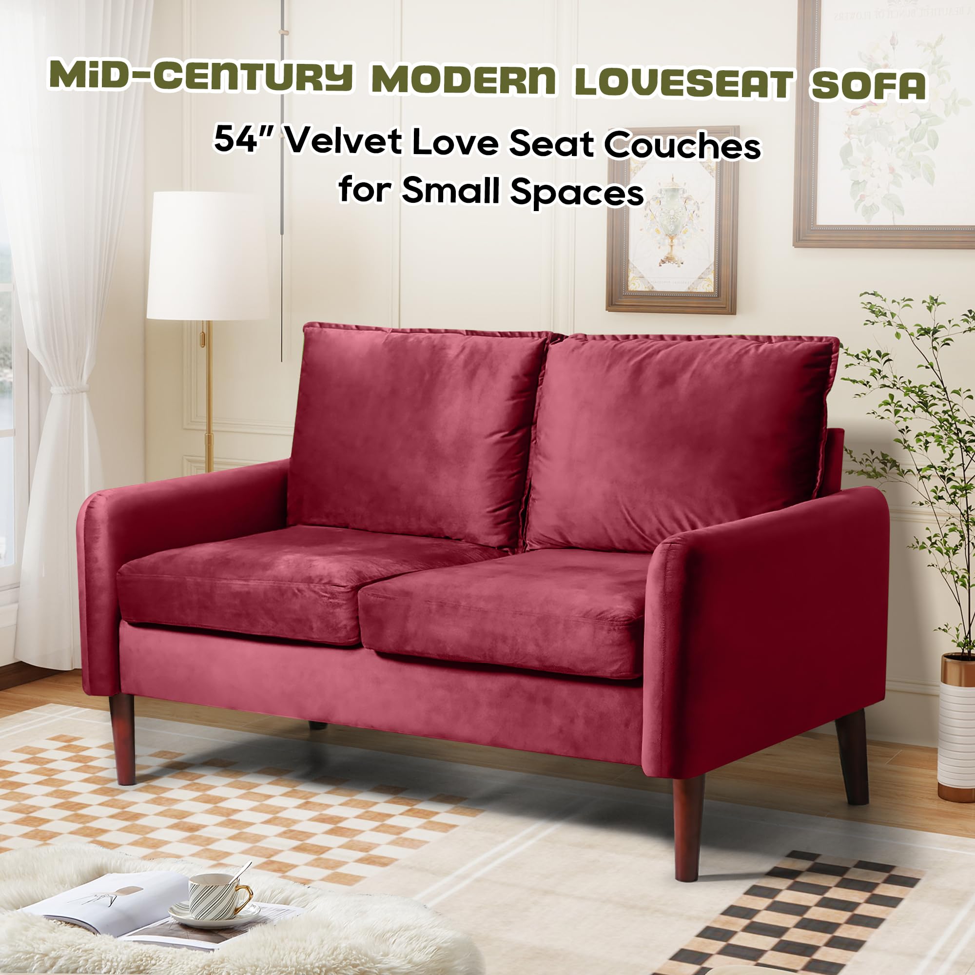 Bilhilury 54" Loveseat Sofa, Velvet Love Seat Couches for Living Room, Loveseat for Small Spaces, Small Couch for Bedroom Apartment Office, Mid-Century Modern Sofa with Throw Pillow,