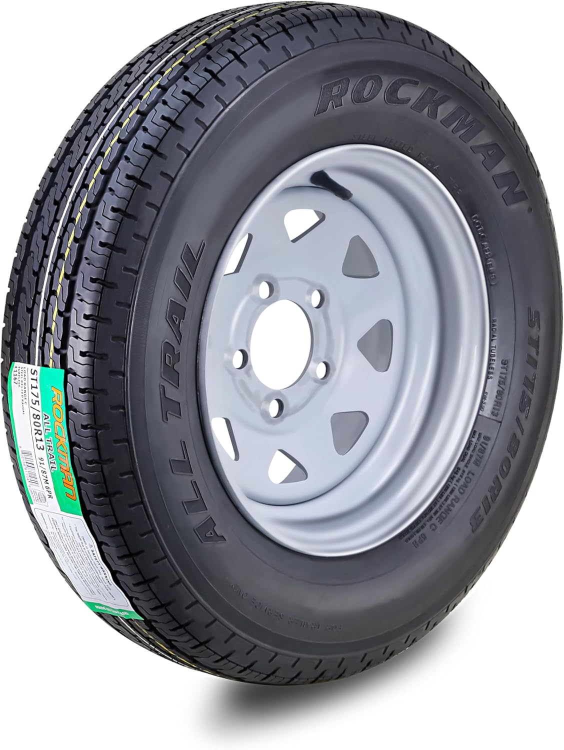 ROCKMAN Trailer Tire & Wheel ST175/80R13 6-Ply C 91M 5 Lug on 4.5" PCD Silver Spoke Rim