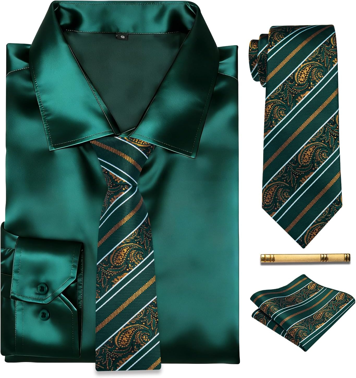 YourTies Satin Silk Shirt and Tie Set for Men Button Down Shirts Long Sleeve Pocket Square Cufflinks Tie Clip Party Luxury