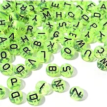 200pcs Green Acrylic Flat Round Alphabet Letter Beads 7mm Pony Disc Coin A-Z Black Letter Pattern Loose Spacer Beads for DIY Bracelet Jewelry Making