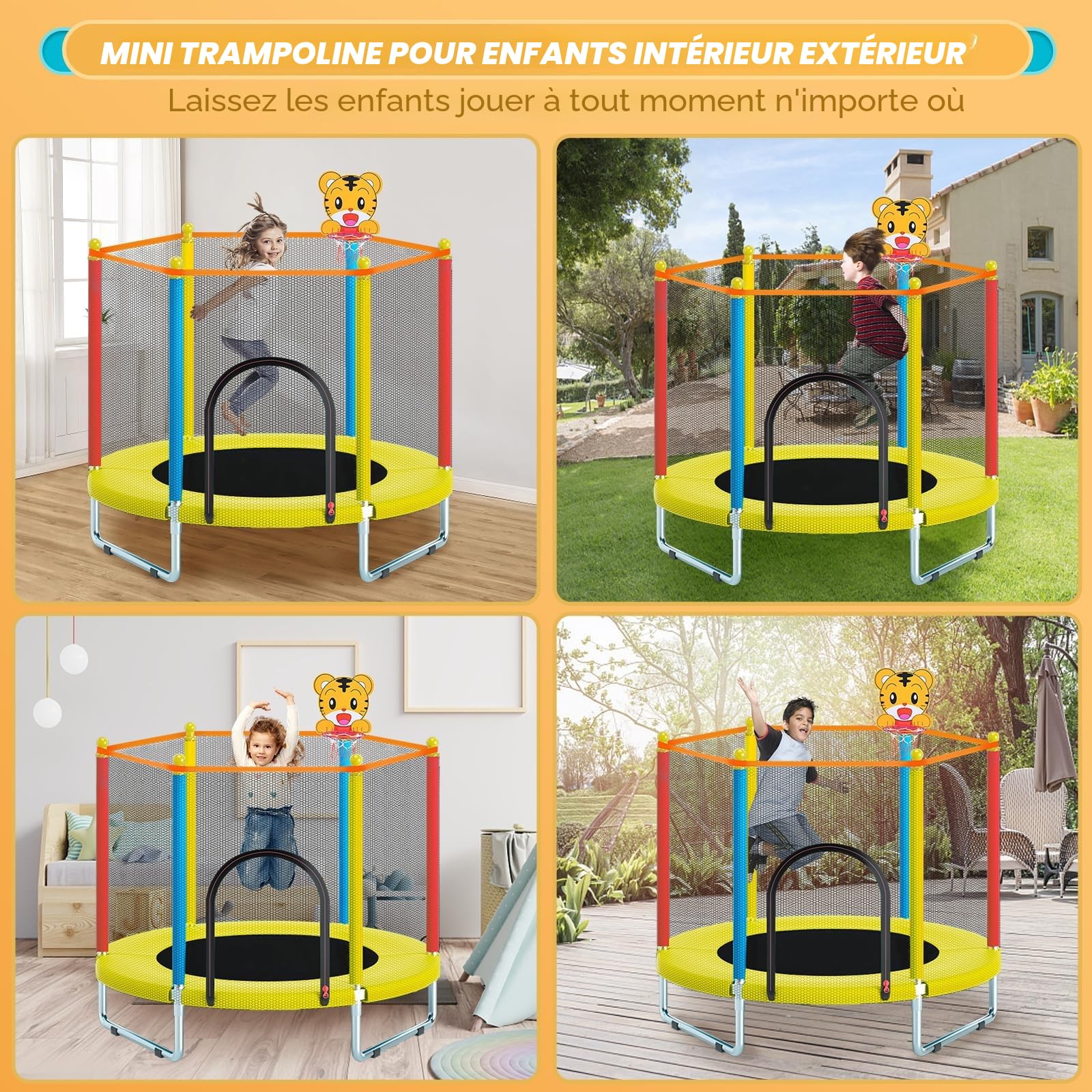 Trampoline pour enfant 150 cm intérieur et extérieur avec filet de sécurité, mini trampoline pour bébé avec panier de basket-ball, tapis de saut de trampoline, cadeau d'anniversaire pour enfants,