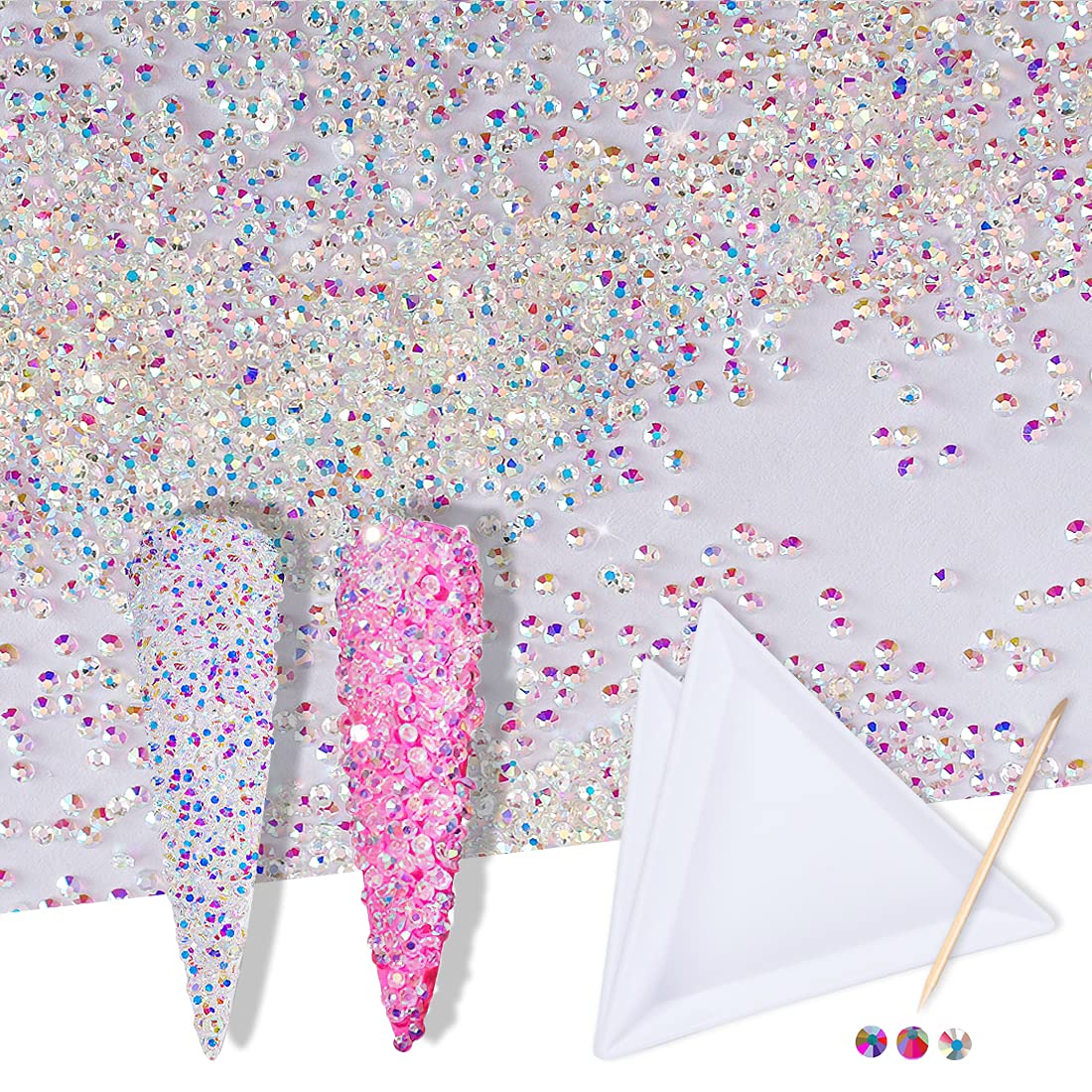15600Pcs Ultra Mini 1.2mm AB Diamond Beads Glass Sand Shine Rhinestones Iridescent Pixie Crystals Long Lasting for Nail Art 3D Decorations DIY Crafts with 2Pcs Triangle Trays&Stick