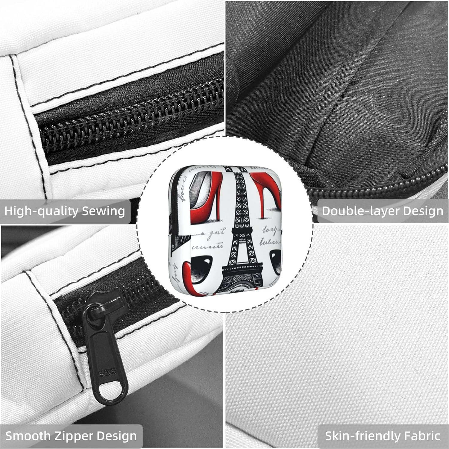 Eiffel-Tower-High-Heels-Paris Portable Period Pad Pouch for Women, Sanitary Napkin Storage Bag with Zipper for Outdoor Use image 5