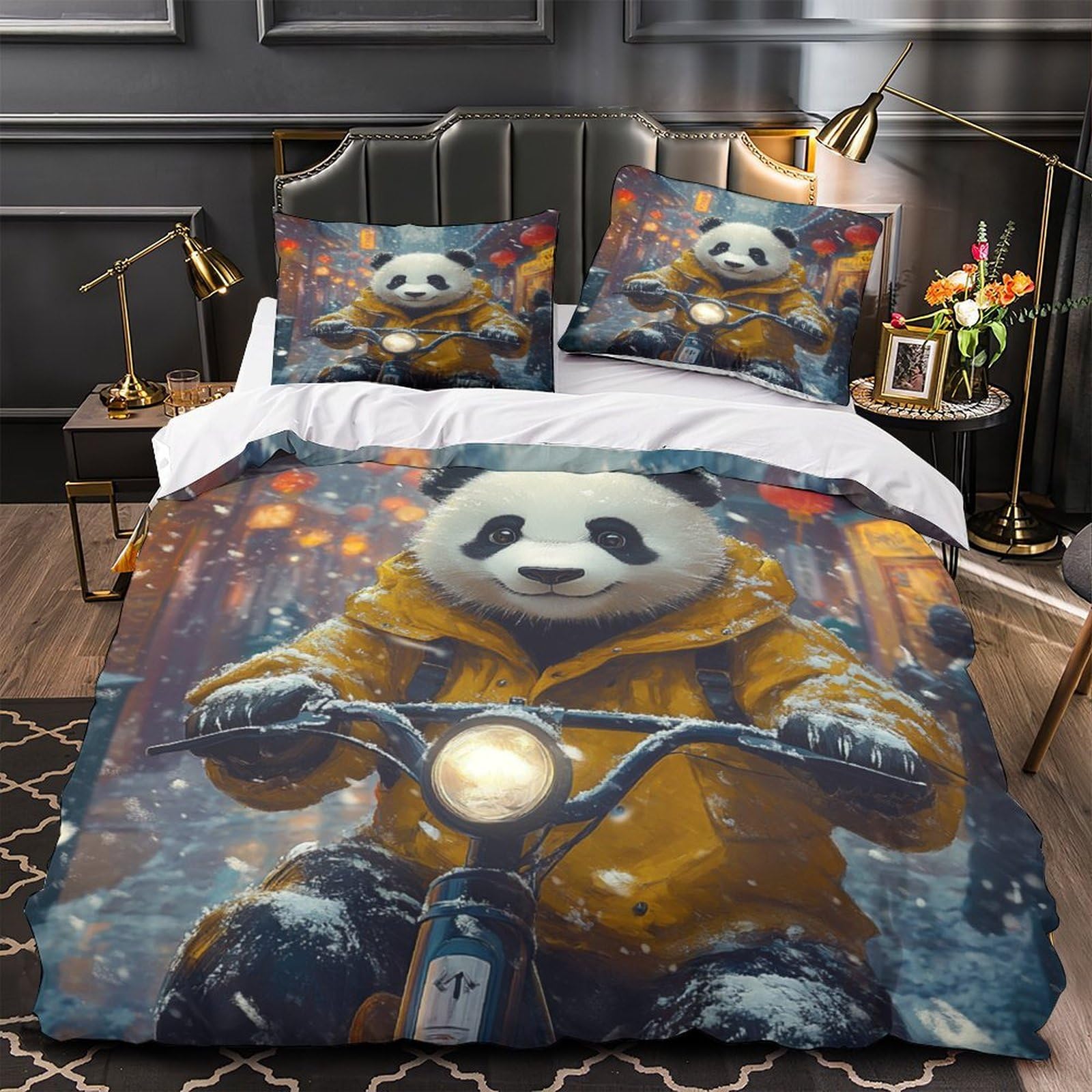Housse de couette panda scooter 135x200 microfibre avec parure de lit enfant adulte