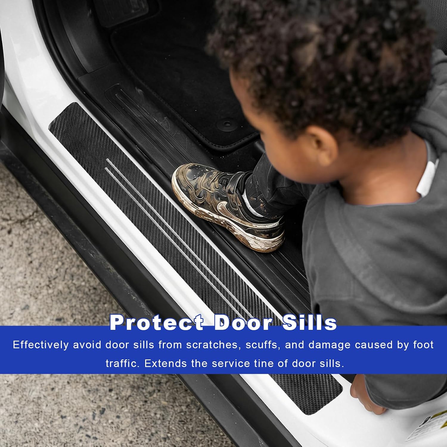 9PCS Car Door Sill Protector, Anti-Scratch Carbon Fiber Leather Auto Door Threshold Protectors w/Trunk Strip, Waterproof Doors Entry Edge Guard Strip Sticker for Car Truck SUV