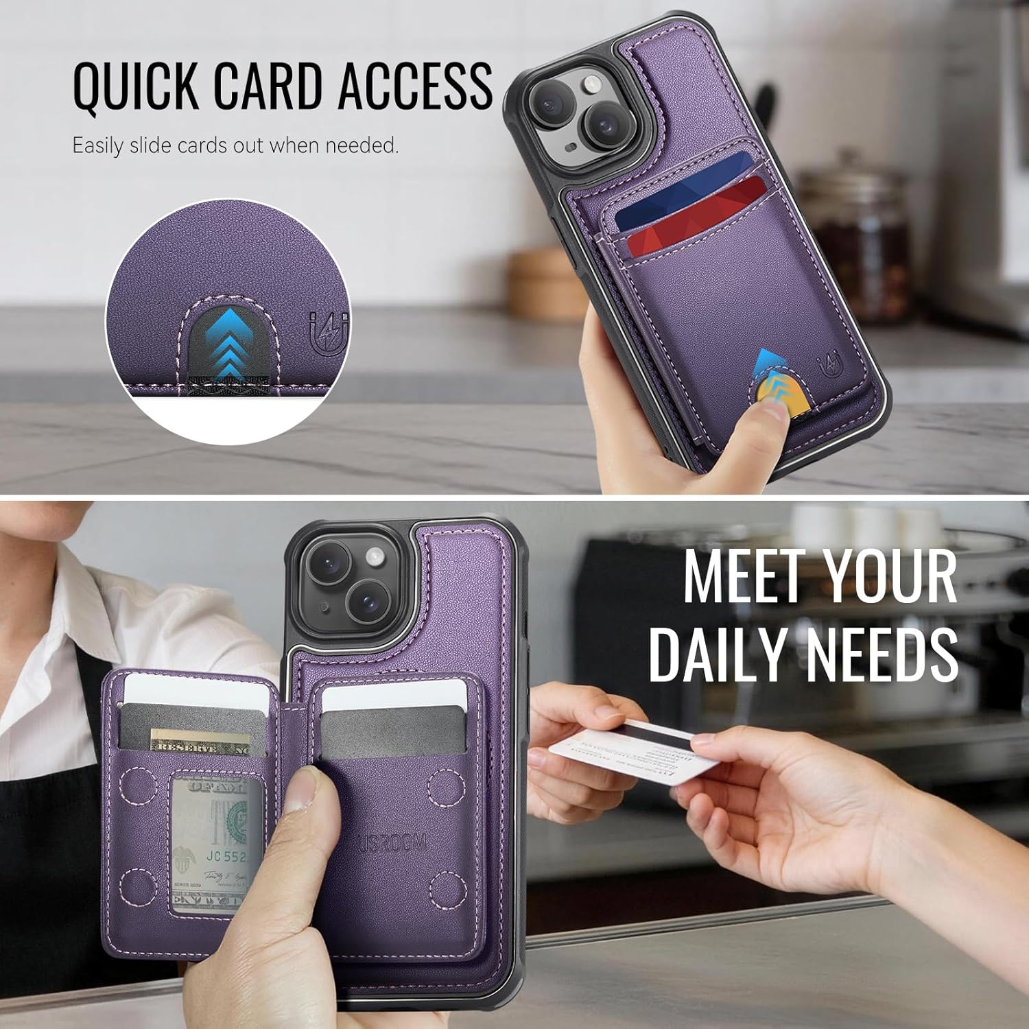 for iPhone 14 Wallet Case Compatible with Magsafe, Magnetic RFID Blocking Card Holder Kickstand 2 in 1 Detachable Case for iPhone 14 6.1", Purple