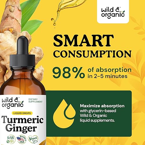Miniatura 4 de Wild & Organic Gotas de suplemento de cúrcuma y jengibre, apoyo articular e inmunológico, curcumina líquida de cúrcuma con pimienta negra y