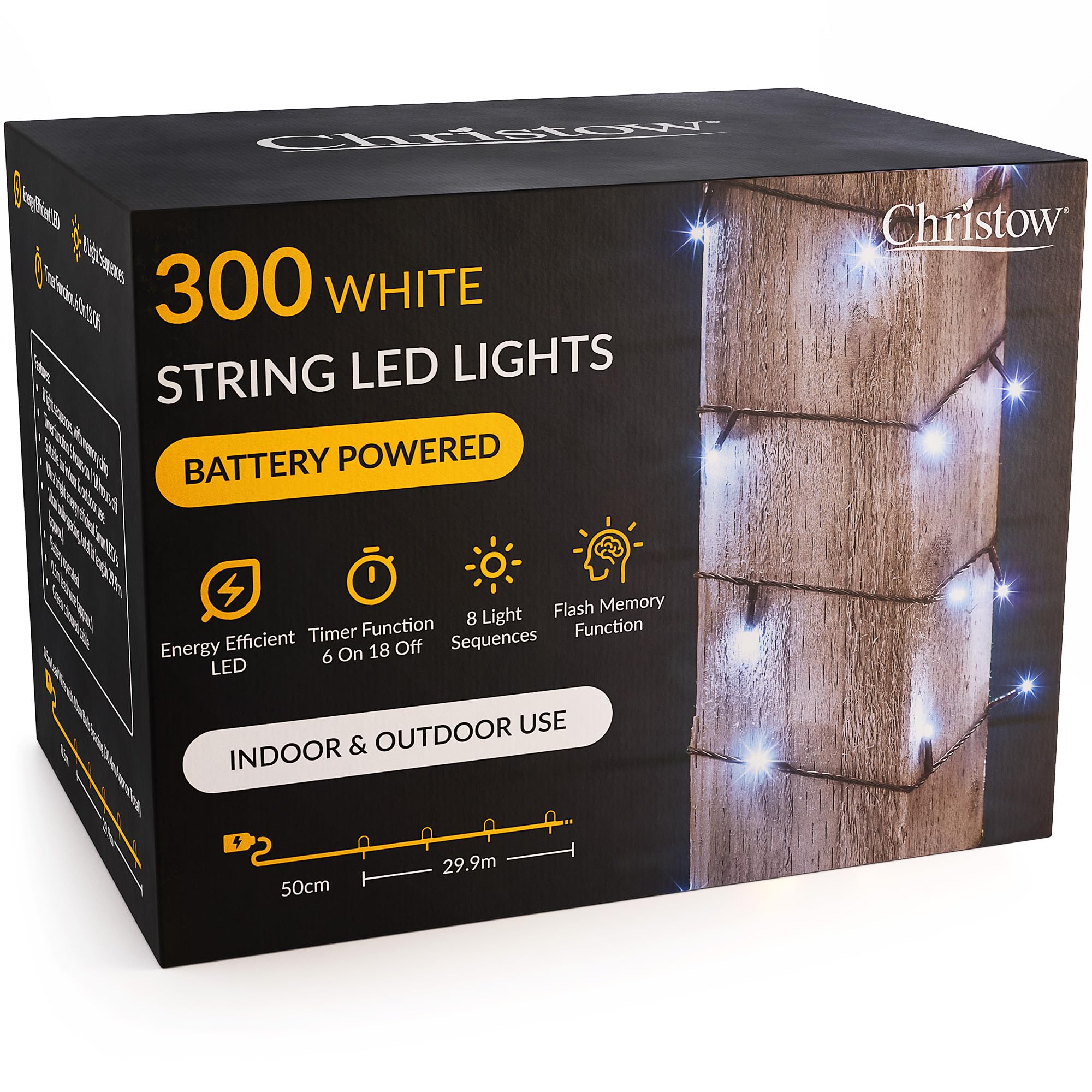 Christow White Christmas Fairy Lights Battery Operated, Led String Lighting With Timer, Indoor & Outdoor, 8 Light Modes Flashing & Static, Green Cable (300 Led / 30M Lit Length)
