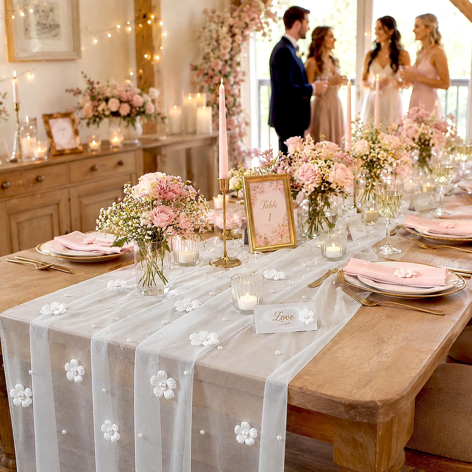 Tischläufer Tüll 80 × 200 cm Weiß Tischläufer Hochzeit mit Perlen Blumen Table Runner Chiffon Tisch Läufer für Hochzeitsdeko, Brautparty, Geburtstagsfeier Küche, Haushalt & Wohnen