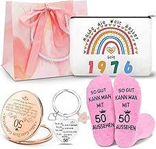 Shining She Birthday Gift for Women 18 Birthday Girl 30 40 50 60 Birthday Women with Cosmetic Bag Keyring Pink Socks Cosmetic Mirror Funny Personalized Gifts, 50 Years-1976, Nostalgic retro