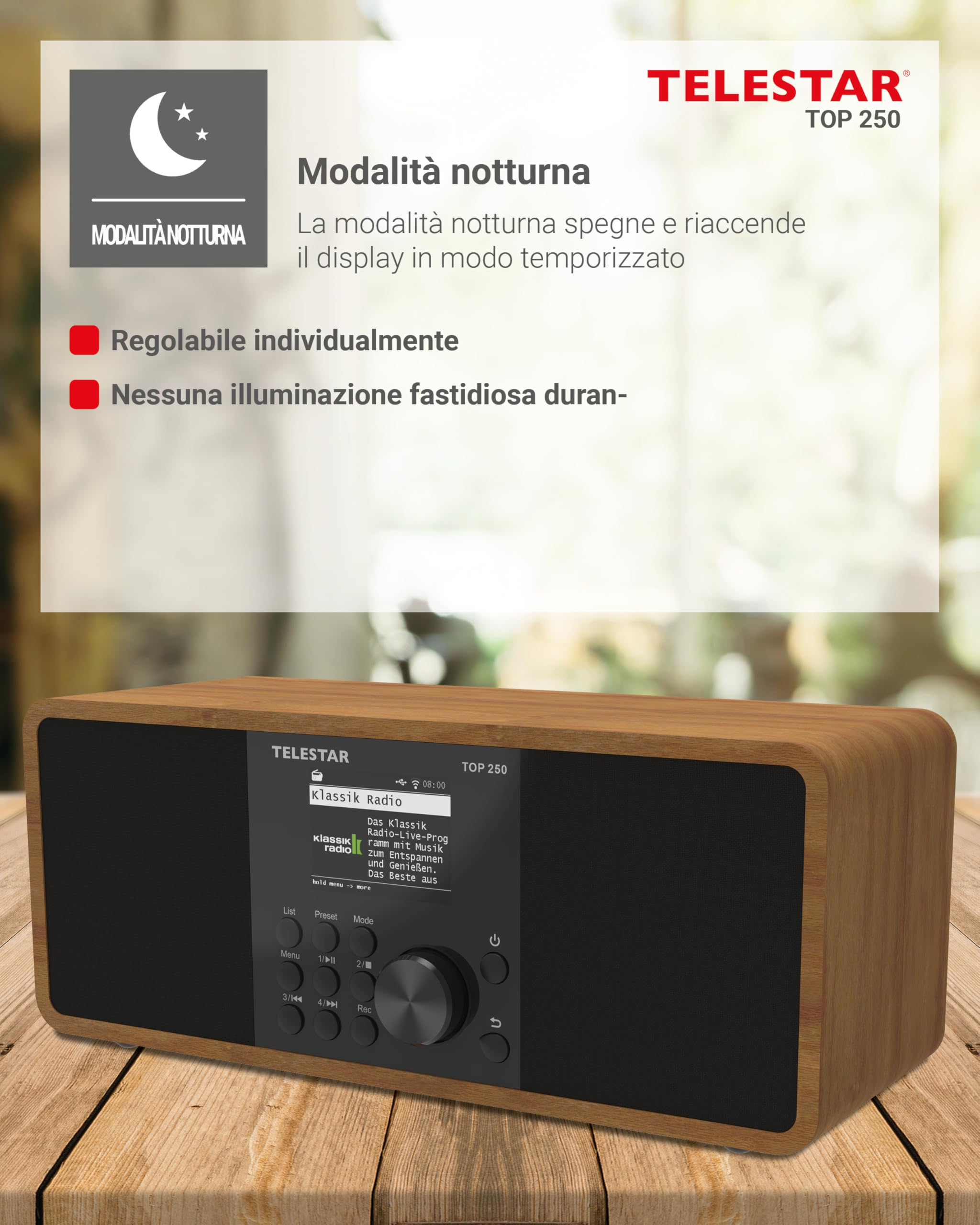 TELESTAR TOP 250 Radio DAB+ Internet Bluetooth Audio-Streaming 2x10W USB registrazione Legno