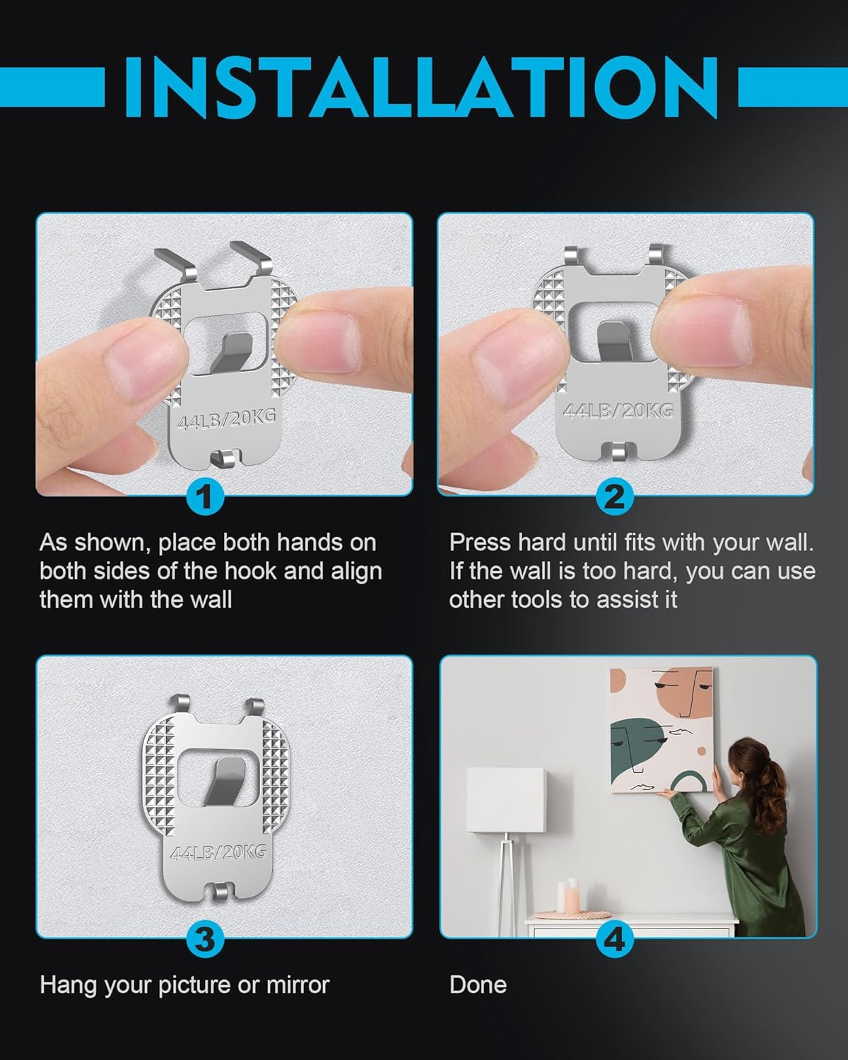 Claw Drywall picture hangers : 50Pcs Wall Picture Frame Hangers (44Ib) - No Damage Heavy Duty Wall Hanger for Art exhibitions, photographs, posters, offices, Christmas decorations, and other settings.