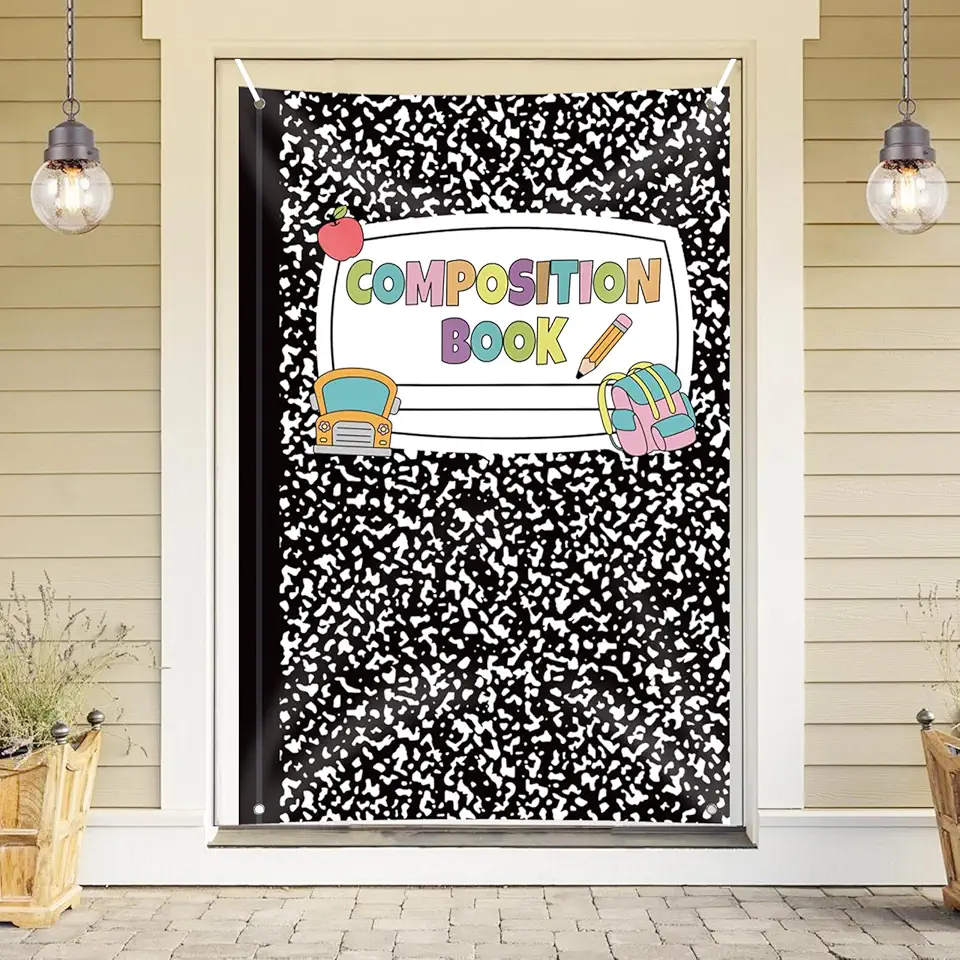 YQUQWN Composition Notebooks Backdrop, 40×60 Inch Classroom Library Students Photography Banner, We Love Books Reading Marble Notebooks for School Kids Home Office Reading Decorations Supplies