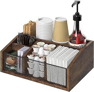 Wooden Coffee Station Organizer, 5-Compartment Coffee Bar Ac