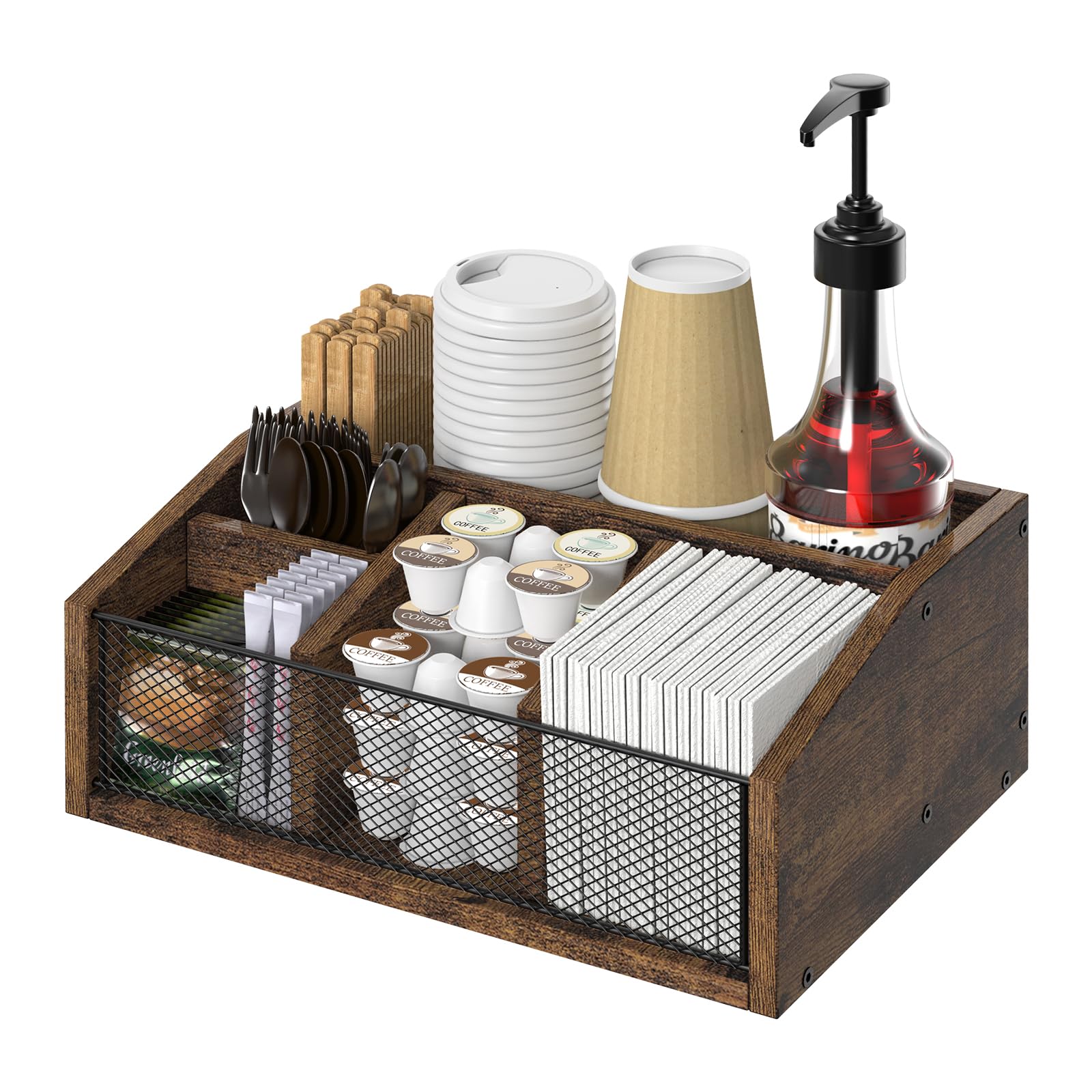 Organizador de Madera para Cafetería, Organizador de 5 Compartimentos para Accesorios de Cafetería con Divisores para Oficina - Perfecto para Servilletas, Azúcar, Suministros de Té, Cápsulas de Café