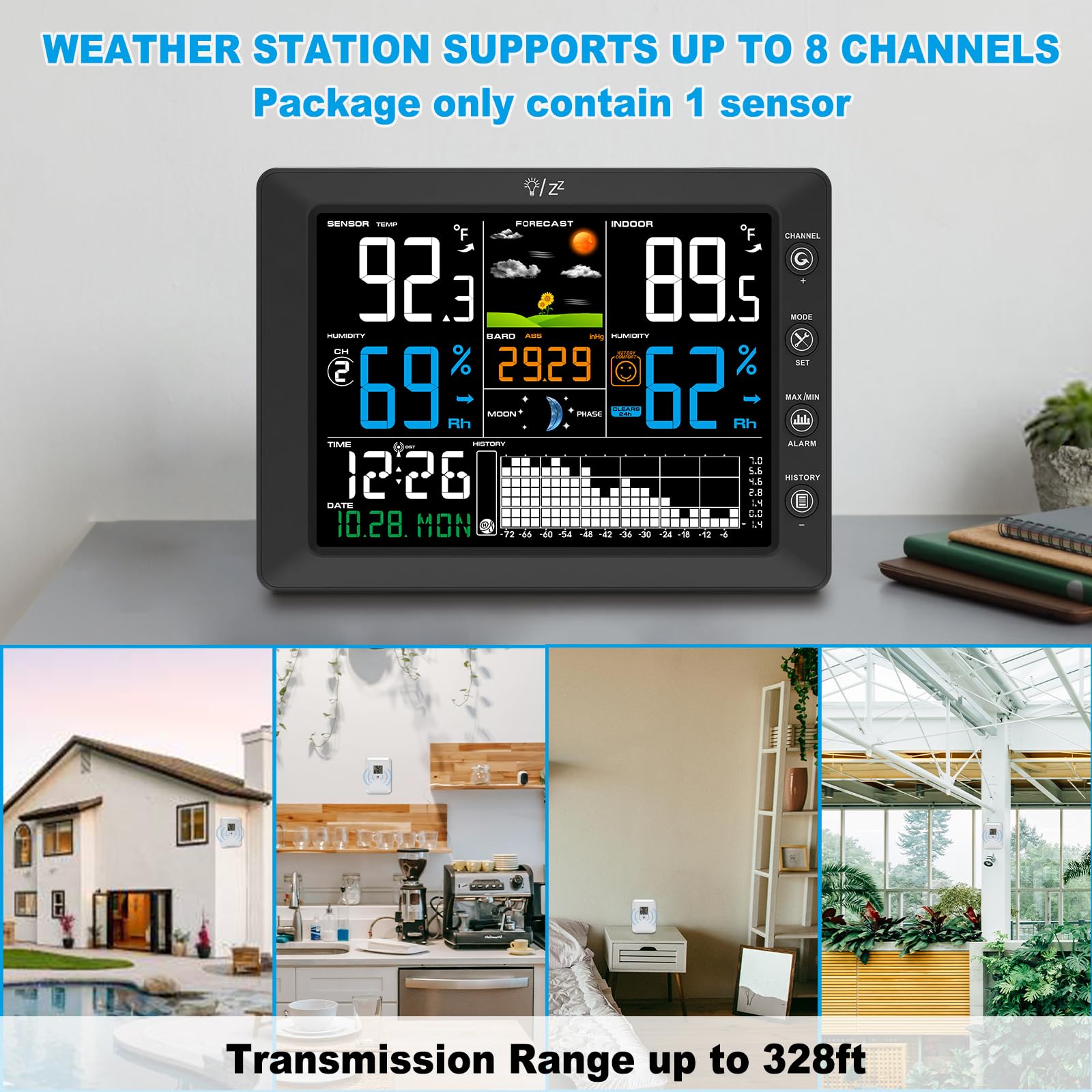 Draadloos weerstation met buitensensor, multifunctioneel draadloos weerstation, digitale thermometer, hygrometer voor buiten, binnen, broeikas, huis, kantoor met weersvoorspelling, DCF-radioklok