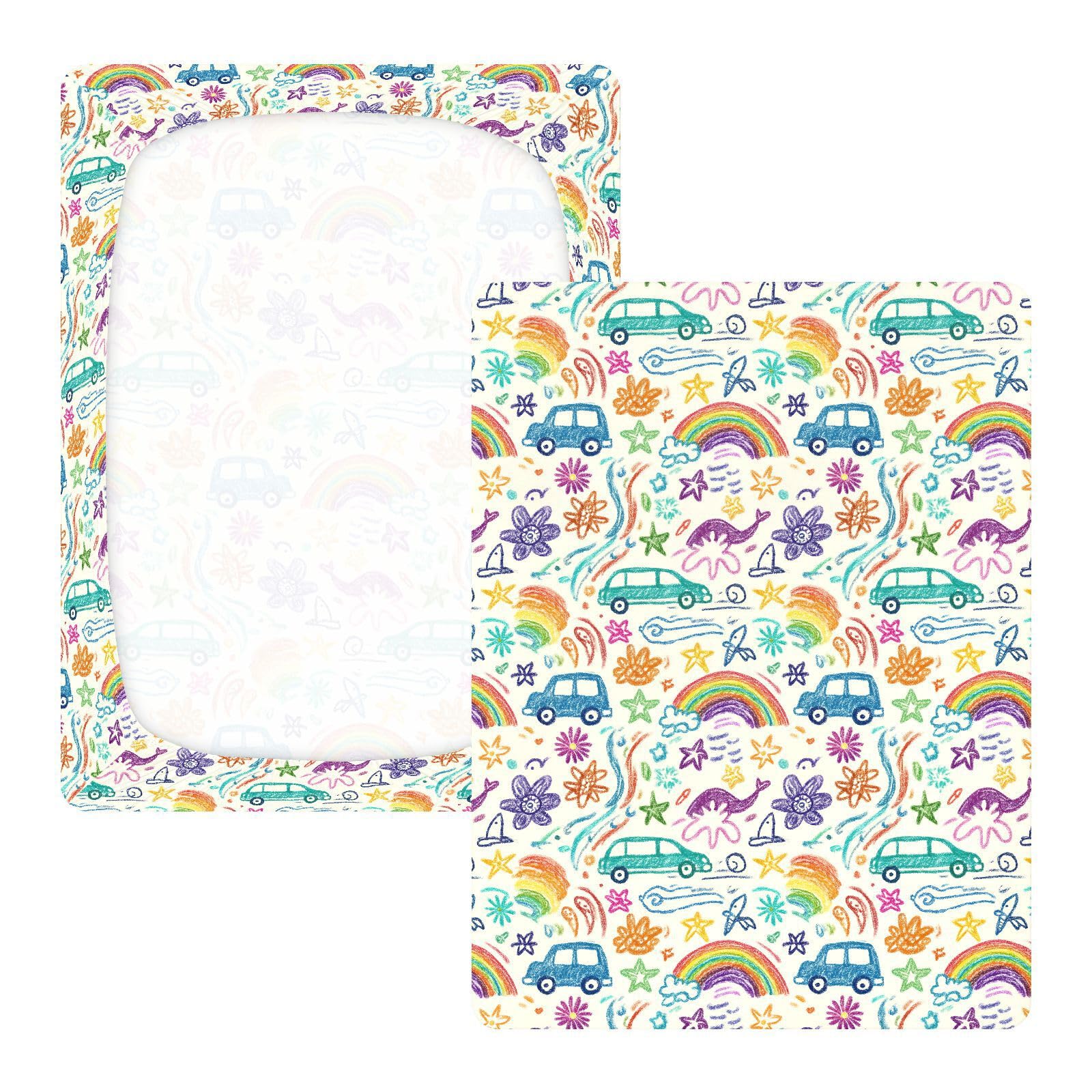 Sábanas para cuna de bebé dibujadas a mano con diseño de coche de flores y arcoíris para niños y niñas, sábana de algodón suave y elástica para guardería, 1 paquete de juego de sabanas para