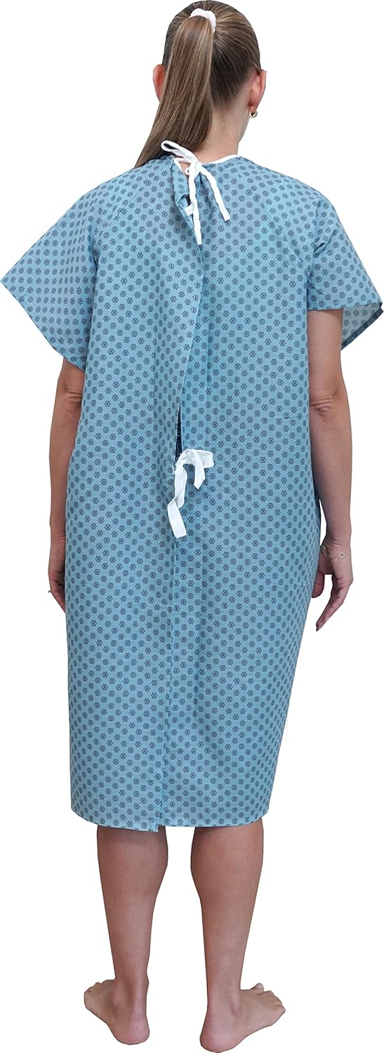 AMU Solutions 12 Pack - Blue Hospital Gown with Back Tie/Hospital Patient Robes with Ties - One Size Fits All Wholesale