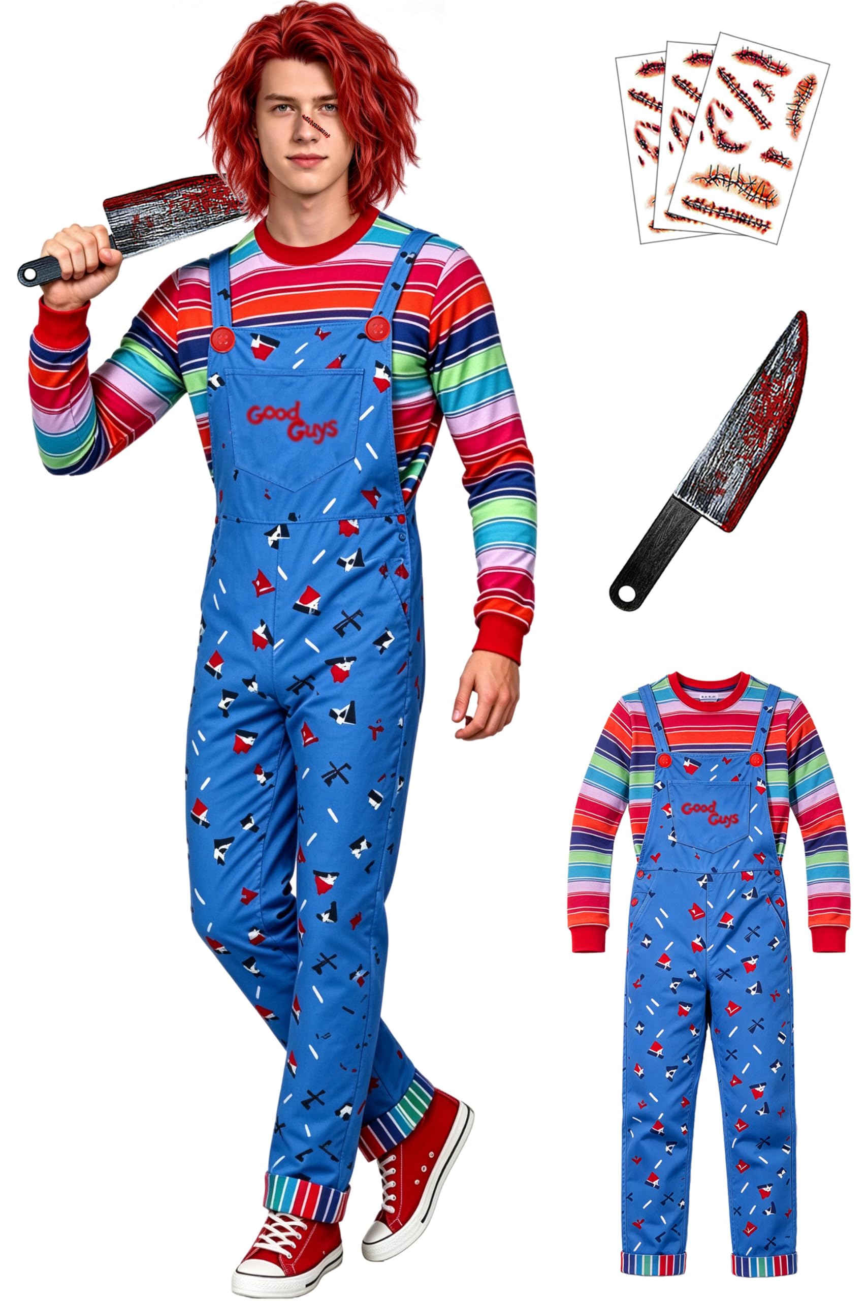 【6 Sizes】 Adult Halloween Costume Chucky Costume for Men Women Long Sleeve Overalls Prop…
