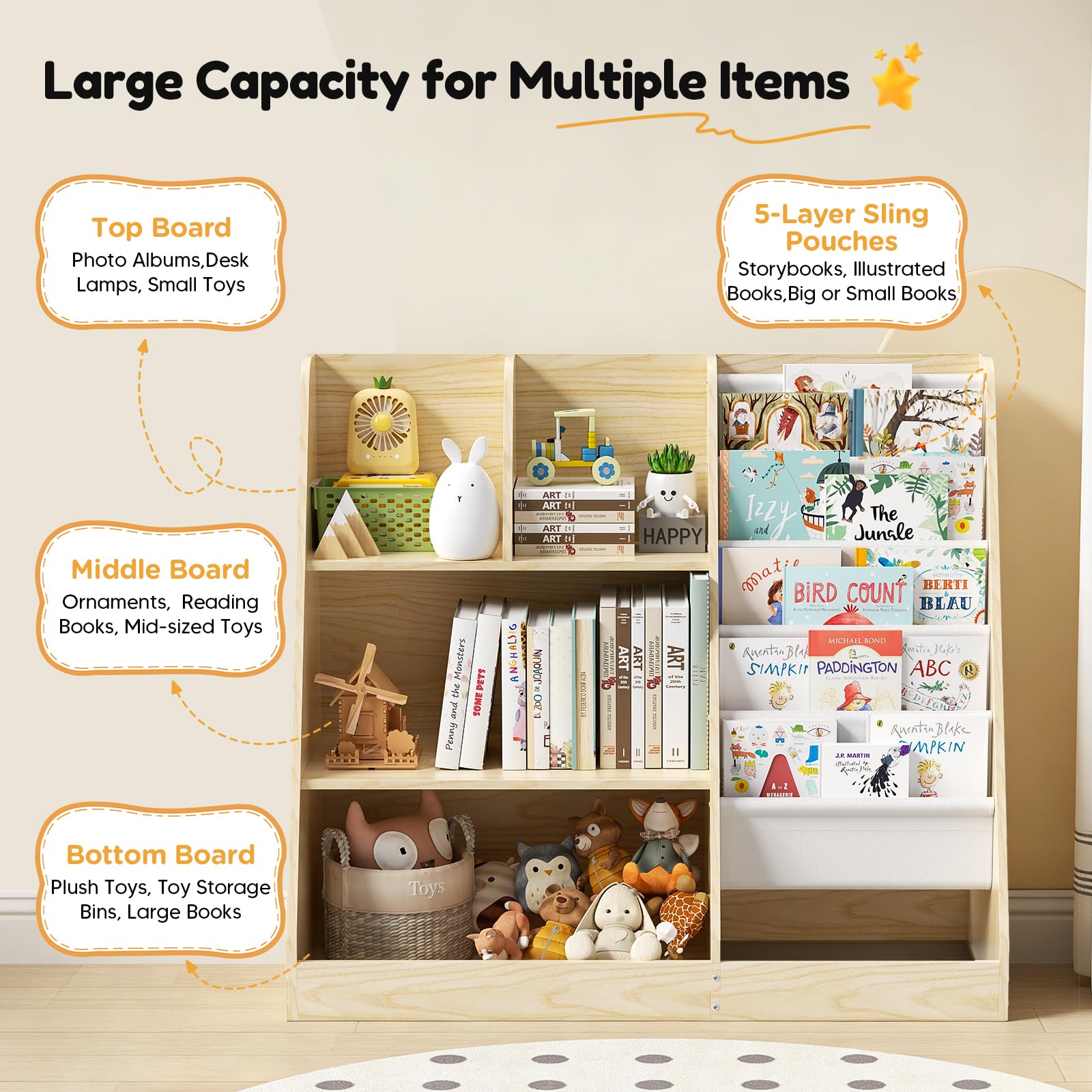 Libreria per bambini, a 5 ripiani, con 4 scomparti aperti, libreria in legno per bambini, camera da letto, sala giochi, aula e asilo nido