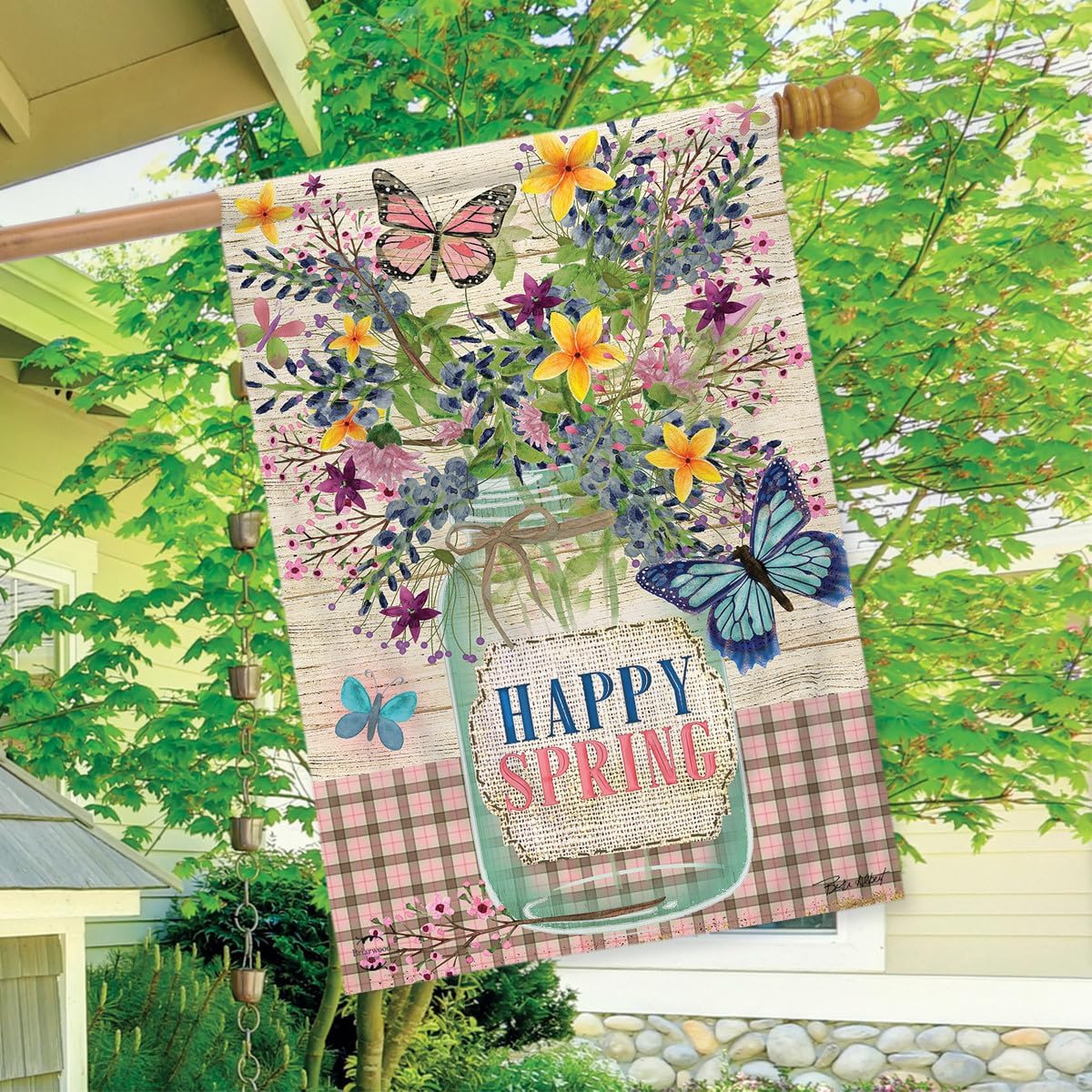 Happy Spring Mason Jar Floral House Flag Primitive 28" x 40" Briarwood Lane