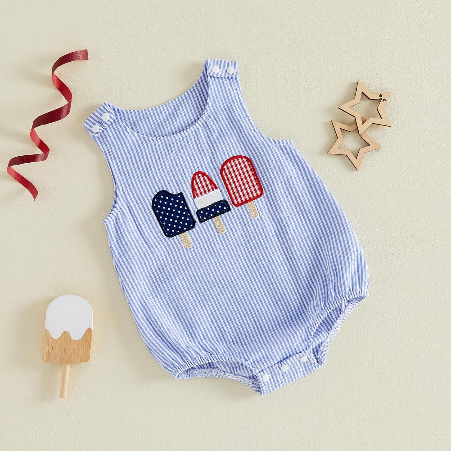 Newborn Baby Boy Girl 4th of July Outfit USA Flag Bubble Romper Sleeveless Striped Bodysuit Infant Patriotic Clothes