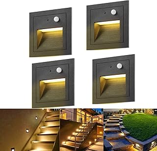 LED Treppenbeleuchtung mit Bewegungsmelder Warmweiß 4er Set- Treppenlicht, IP65 Wasserdicht, 230V, 3W, Aluminuim(Schwarzes)