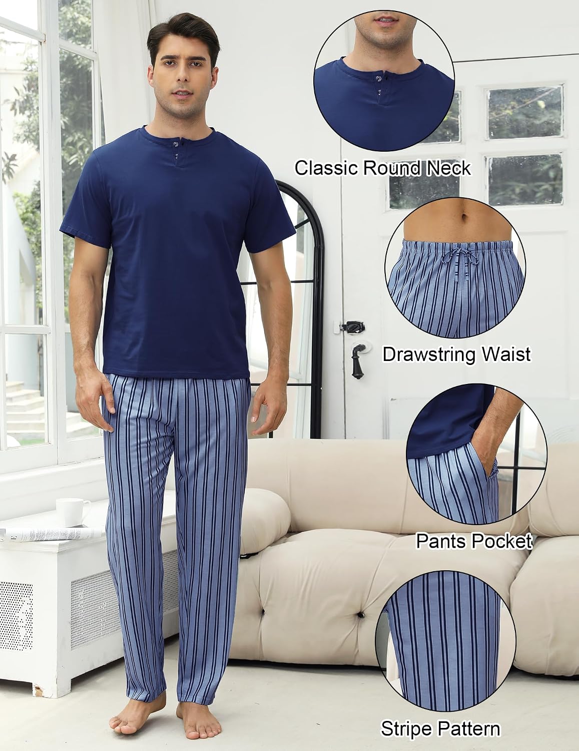 Mens Pajamas Set Cotton Short Sleeve and Pants Men's Sleepwear Mens Pjs Sets Soft Casual Loungewear Set with Pockets