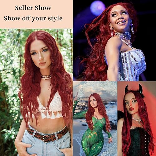 Miniatura 5 de AISI QUEENS Peluca roja larga ondulada roja para mujer, 24 pulgadas, cabello ondulado con raya en medio, resistente al calor, peluca rizada de fibra