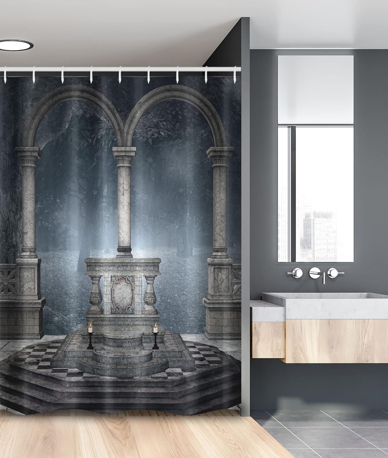 Ambesonne Gothic Stall Shower Curtain, Altar on a Checkered Floor in Scary and Winter Forest Scenery Illustration, Fabric Bathroom Decor Set with Hooks, 54" W x 78" L, Grey Blue