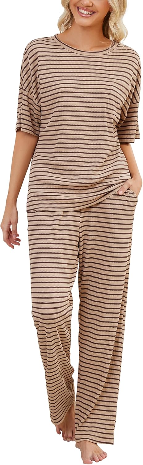 JiniGolla Womens Pajama Sets Waffle Knit Short Sleeve Shirt with Long Pajama Pants Soft Sleepwear Pj Lounge Sets