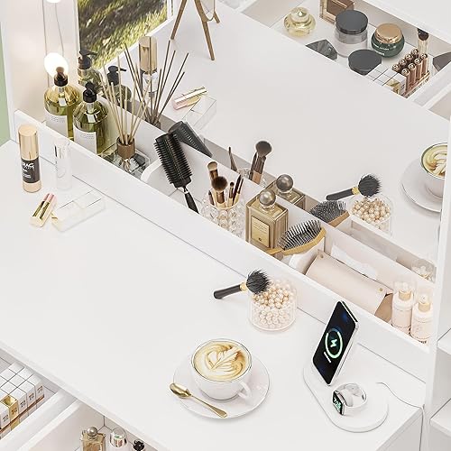 Miniatura 6 de Escritorio de maquillaje de 35.4 pulgadas con estación de carga, tocador de maquillaje blanco con espejo y luces, 3 modos de iluminación de brillo