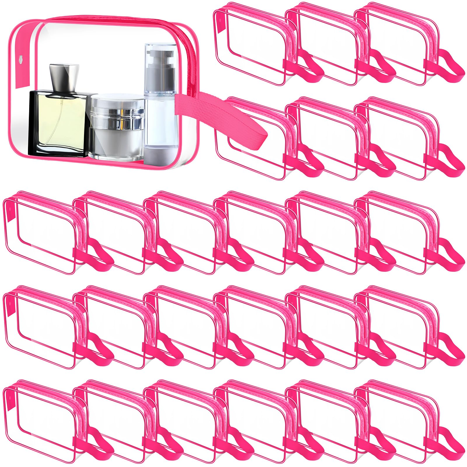 Silkfly Beauty case trasparente da viaggio in PVC con manico e tracolla, con cerniera, per vacanze estive, saloni di laurea, regalo di fine anno (rosa rosa, confezione da 24)