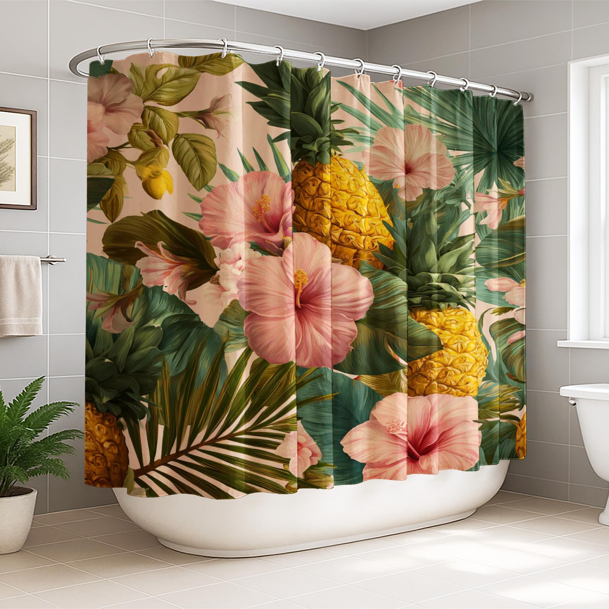 Rideau de douche extra large imprimé tropical ananas et pêche pour décoration salle de bain