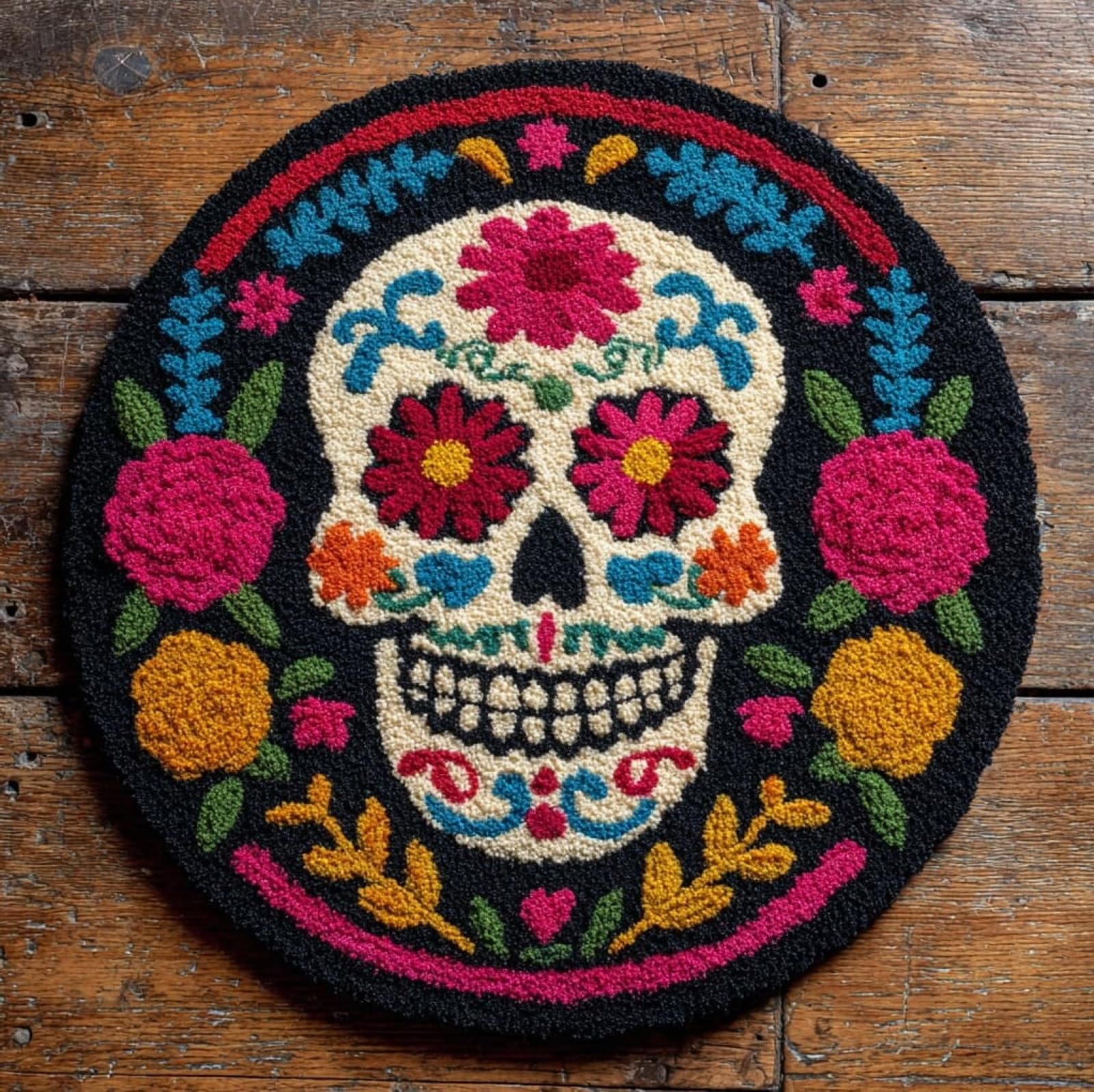 WallustrioaW Latch Hook Kits for Kids and Adults,Skulls and Flowers,DIY Latch Hook Rug Kit,Carpet Making Crochet Needlework Crafts for Home Decor,50x50cm