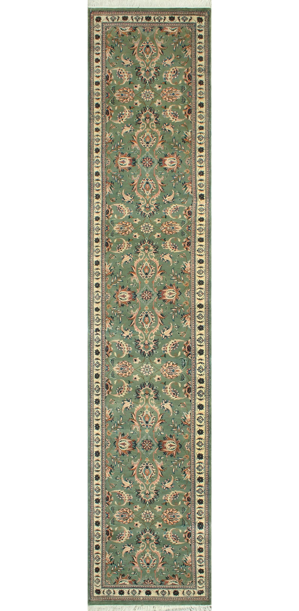 Handmade Pak-Persian Emil Runner - Lt. Green - Ivory, 2'8" x 13'11" - Hallway - Kitchen - Entryway