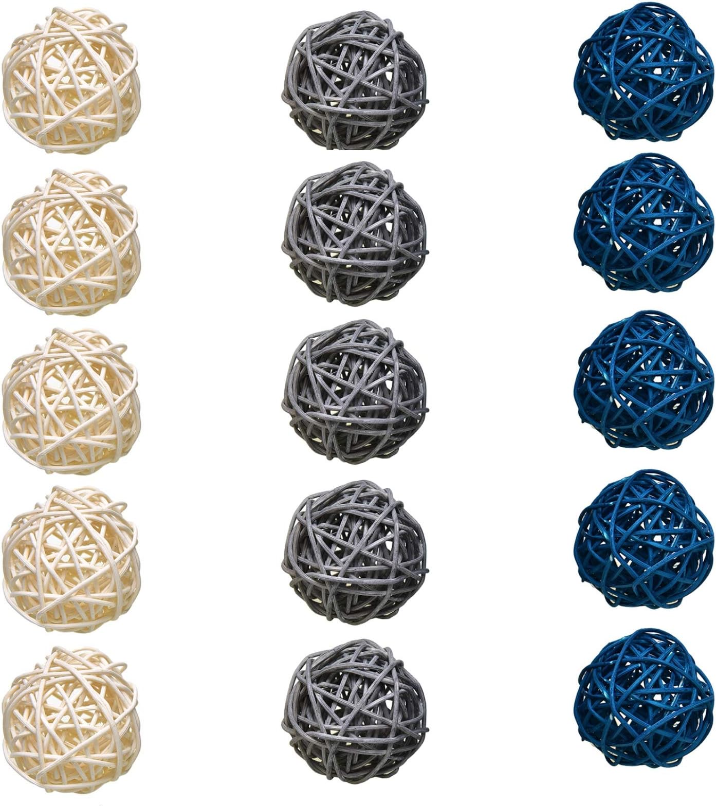 Timoo Rattan Balls Decorative, 15 Pack Wicker Balls for Home Decor Aromatherapy Accessories Wedding Decoration Baby Shower Table Decoration, 2 Inch (Blue, Gray, White)